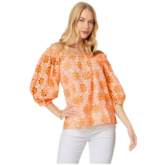 NWT Lilly Pulitzer Kerrigan Elbow Sleeve Cantaloupe Funflower Eyelet Top SZ XS - Picture 1 of 6